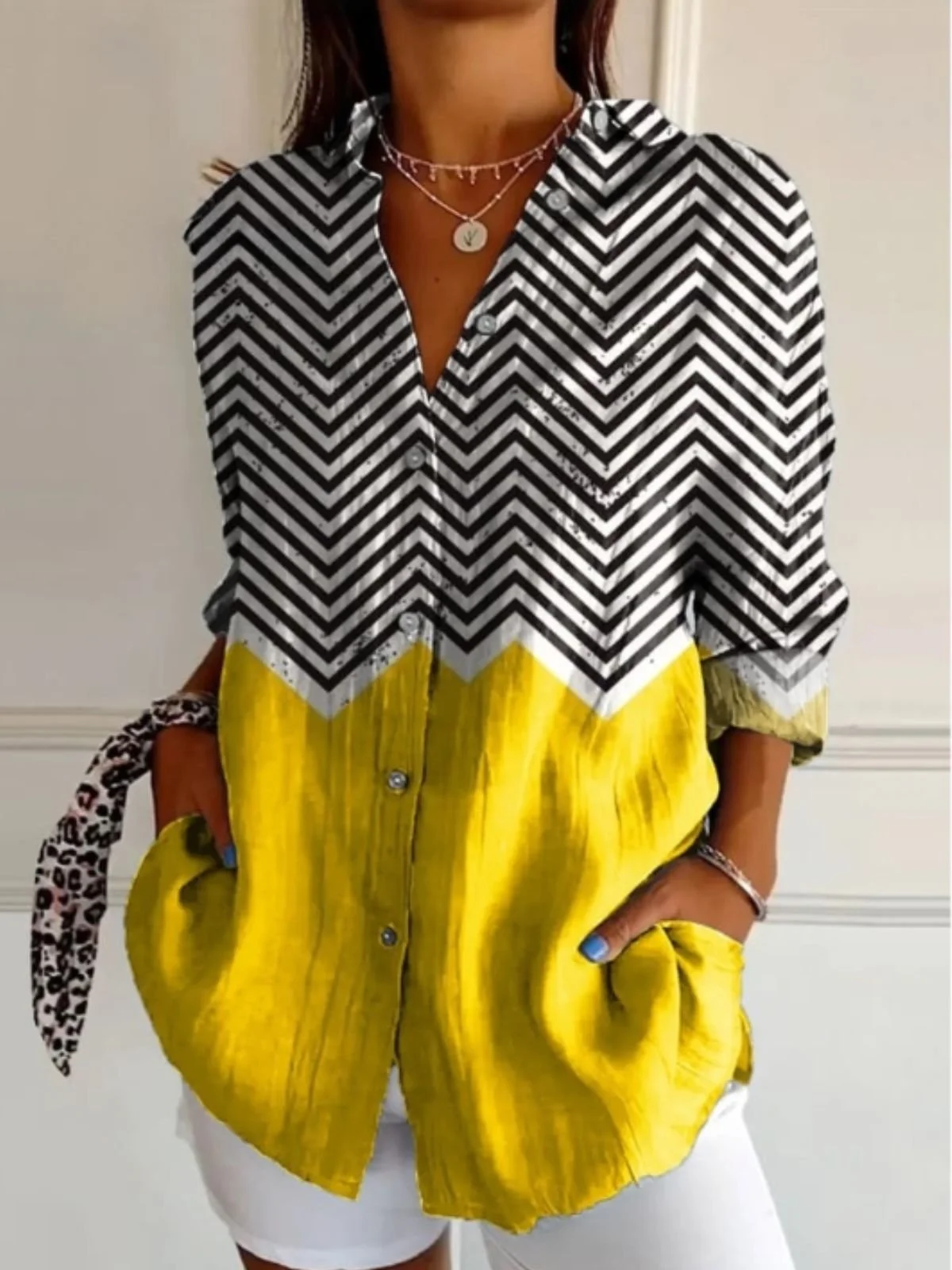 Women Shirt Striped Print Color Block Loose Casual Shirt For Women