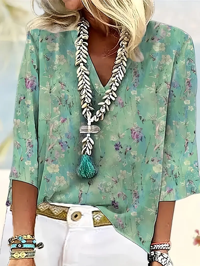 Shawl Collar Half Sleeve Floral Regular Loose Blouse For Women