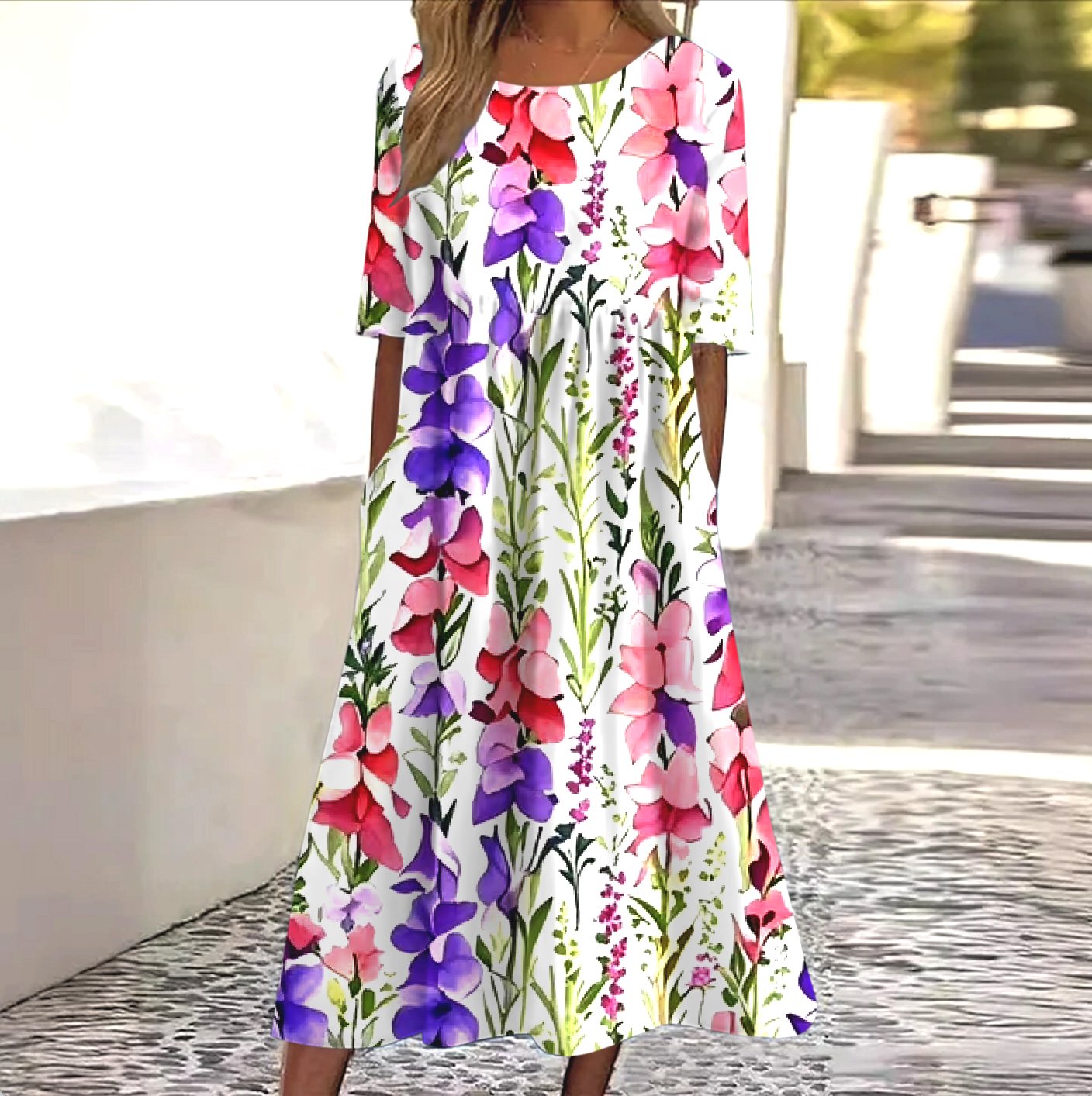 Women Floral Crew Neck Short Sleeve Comfy Casual Maxi Dress