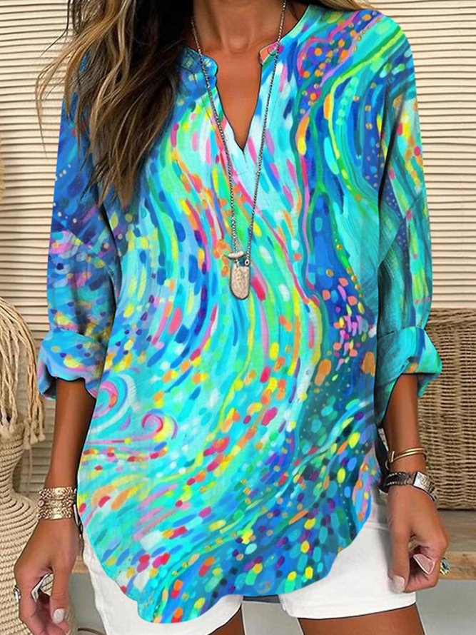 Shawl Collar Half Sleeve Abstract Geometry Regular Loose Blouse For Women