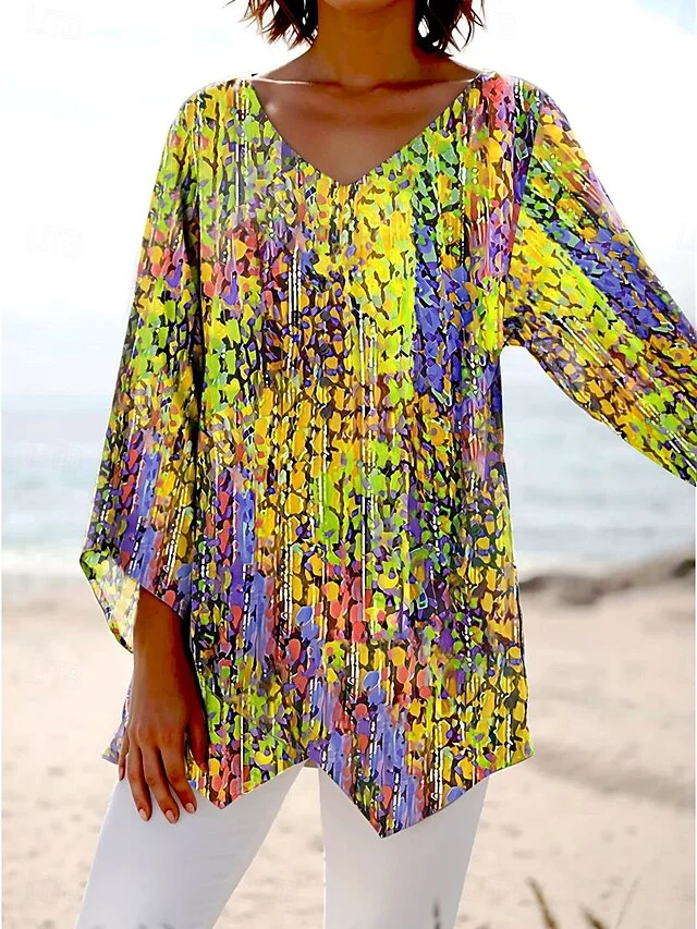 V Neck Long Sleeve Geometric Regular Loose Blouse For Women
