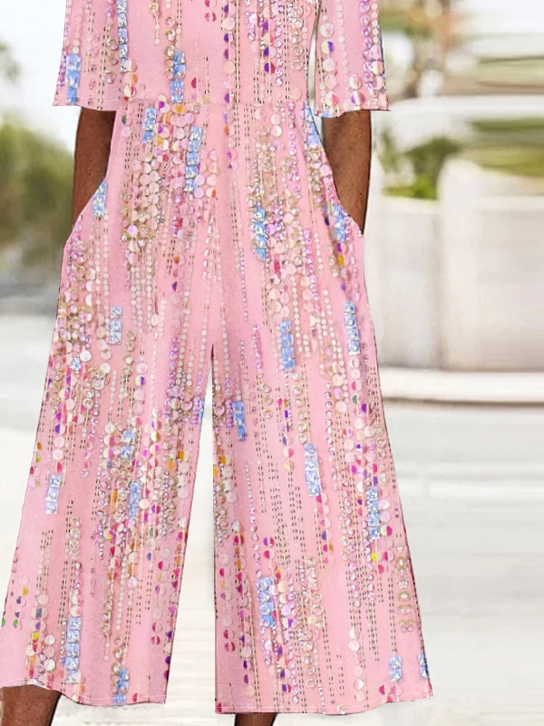 Women Half Sleeve V Neck Loose Ankle Pants Daily Vintage Gradient Pattern Natural T-Shirt Jumpsuit