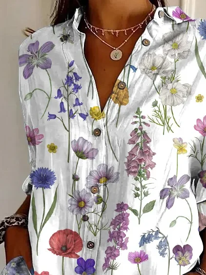 Shirt Collar Long Sleeve Floral Buckle Regular Loose Button Up Shirt Shirt For Women