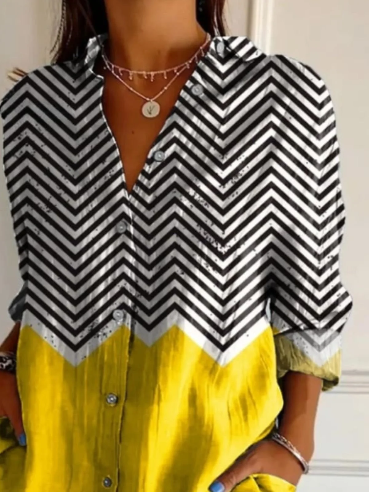 Women Shirt Striped Print Color Block Loose Casual Shirt For Women