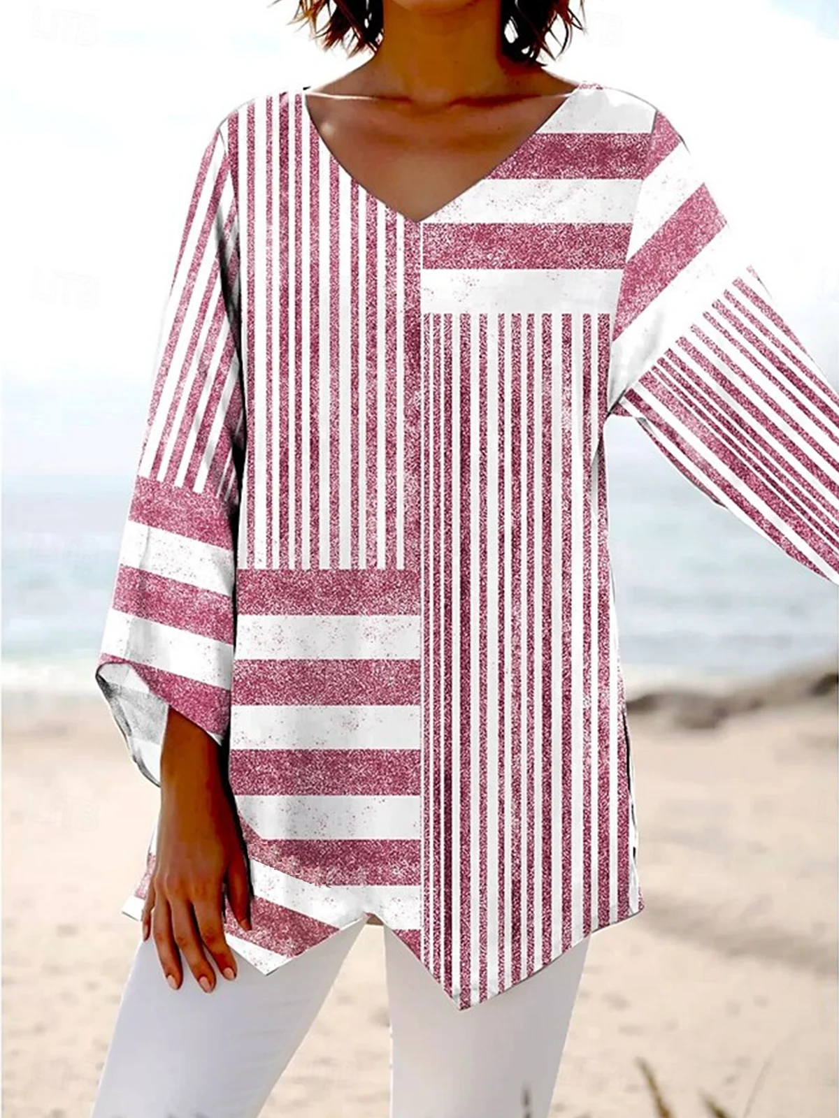 V Neck Long Sleeve Striped Regular Loose Blouse For Women