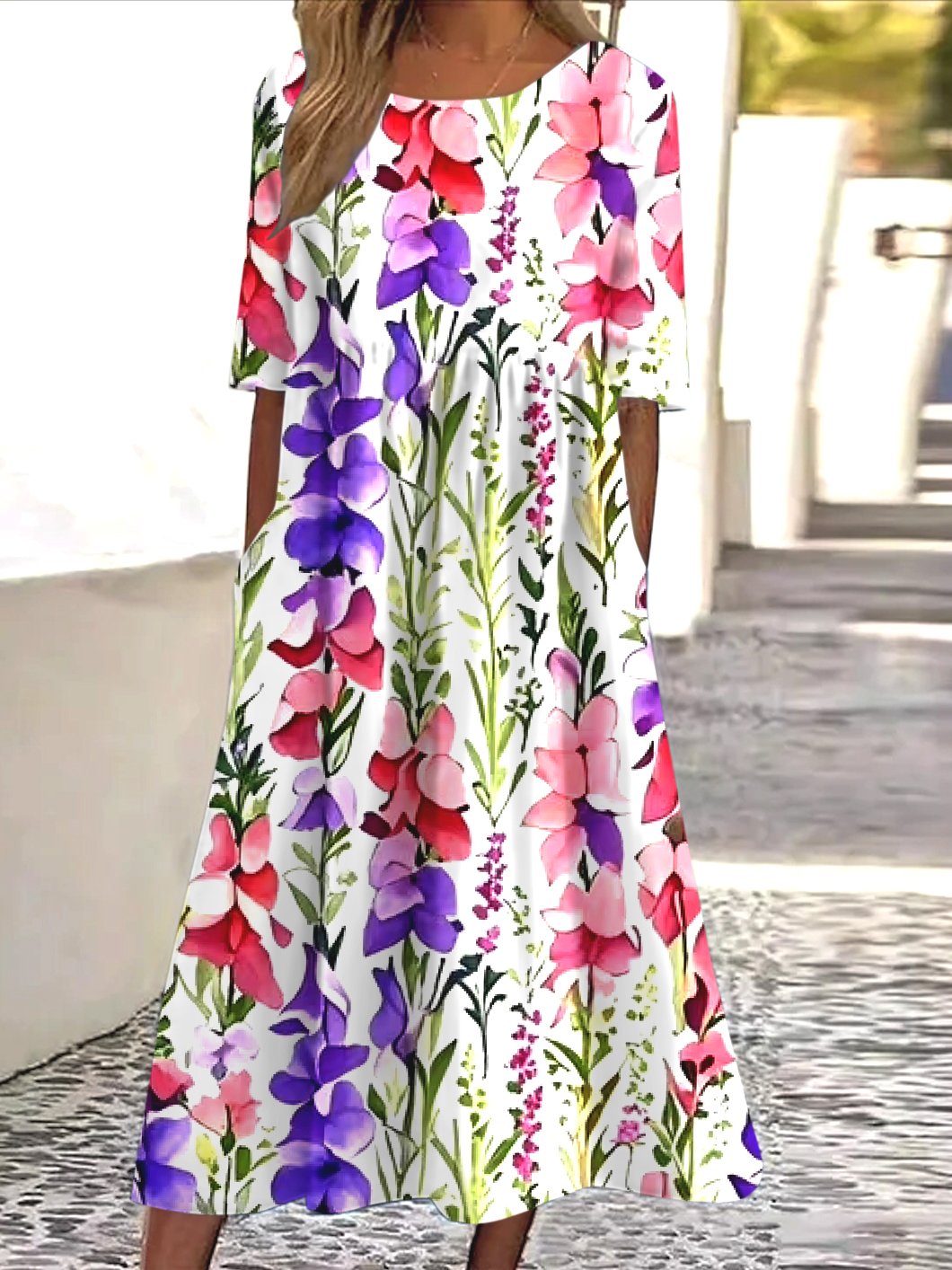 Women Floral Crew Neck Short Sleeve Comfy Casual Maxi Dress