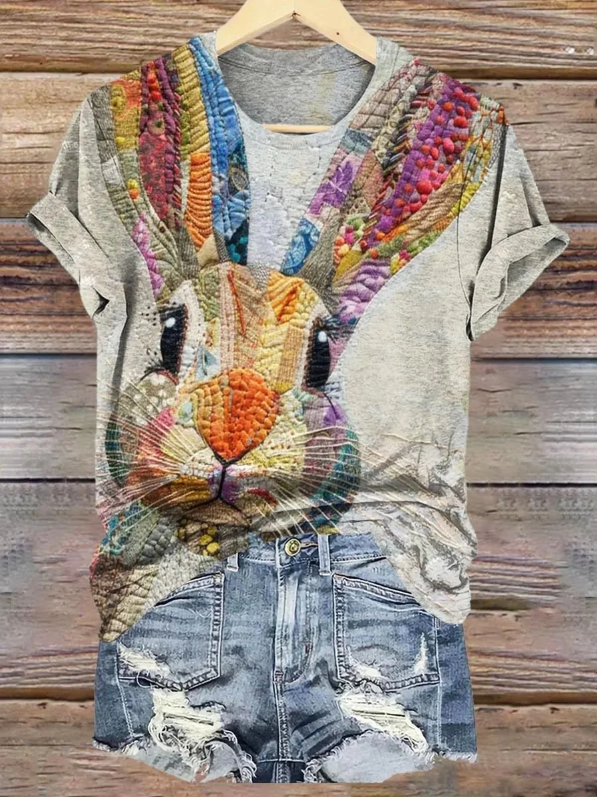 Casual Easter Rabbit Print Crew Neck Short Sleeve T-shirt