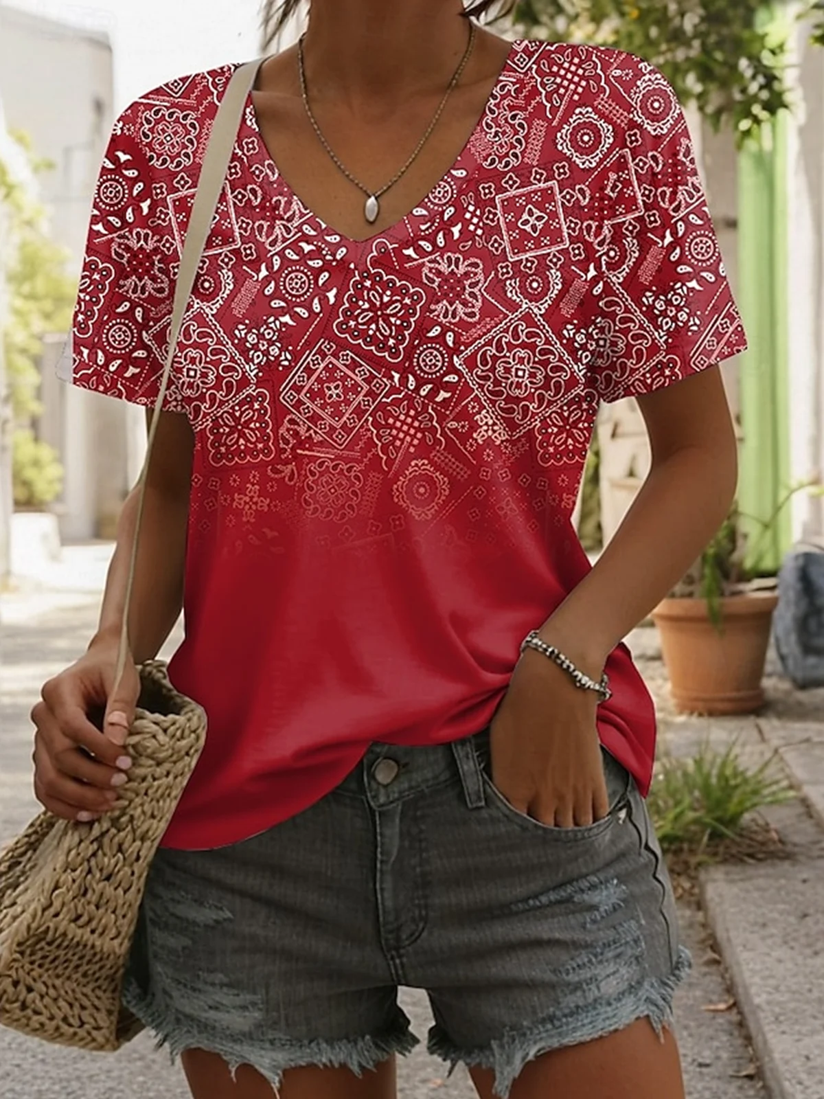 Casual Ethnic Geometry V Neck Short Sleeve T-shirt