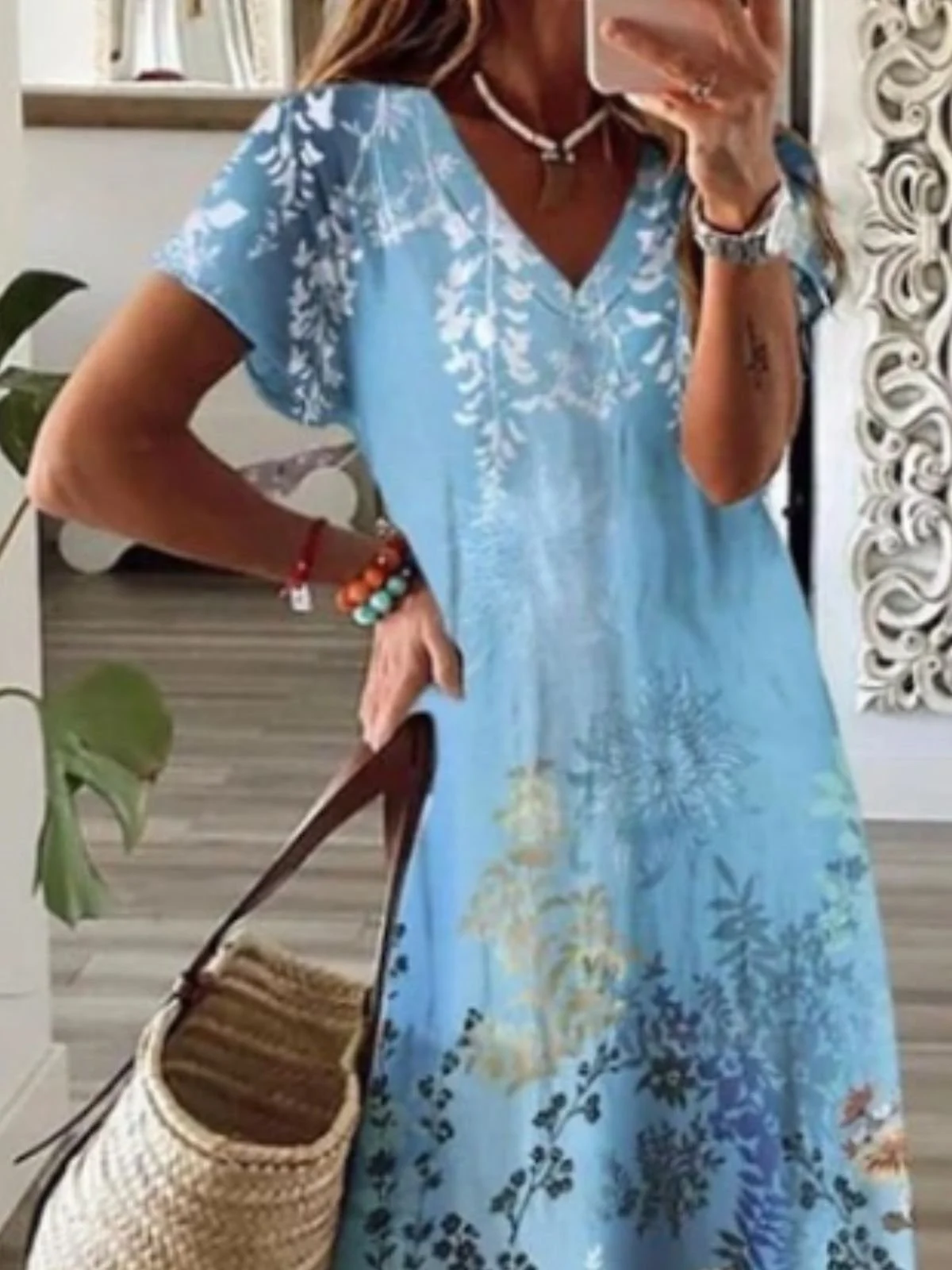 Women Sundress Floral Print V Neck Short Sleeve Comfy Casual Maxi Dress