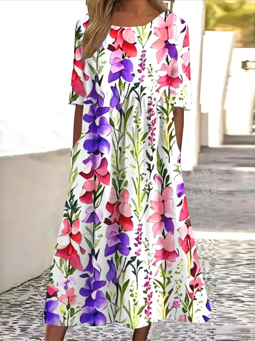 Women Floral Crew Neck Short Sleeve Comfy Casual Maxi Dress