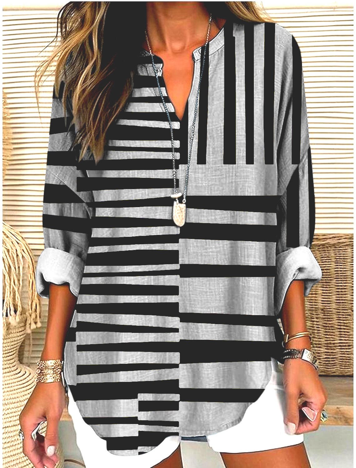 V Neck Long Sleeve Geometric Regular Micro-Elasticity Regular Fit Shirt For Women