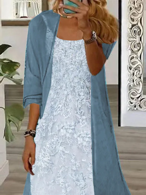 Women Floral Crew Neck Three Quarter Sleeve Comfy Casual Printing Dress With Coat Two-Piece Set