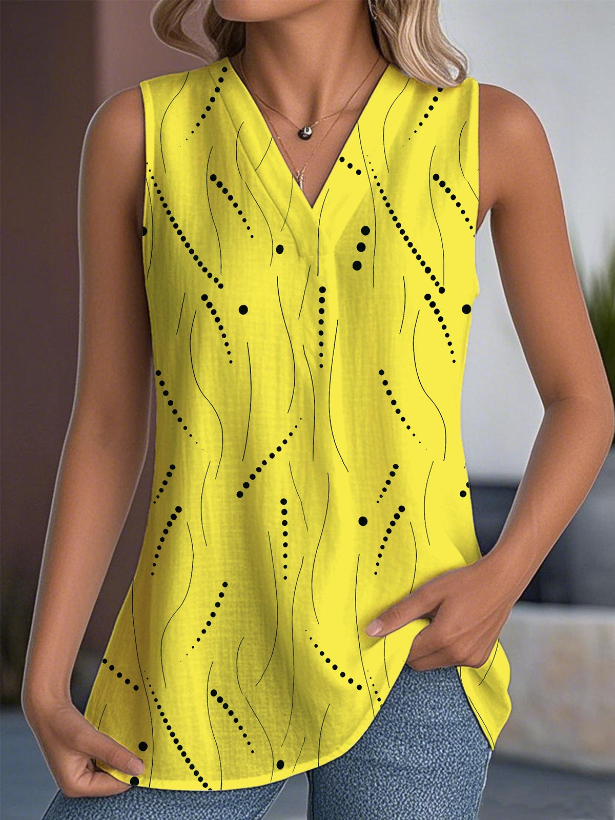Casual V Neck Abstract Polka Dots Tank Top