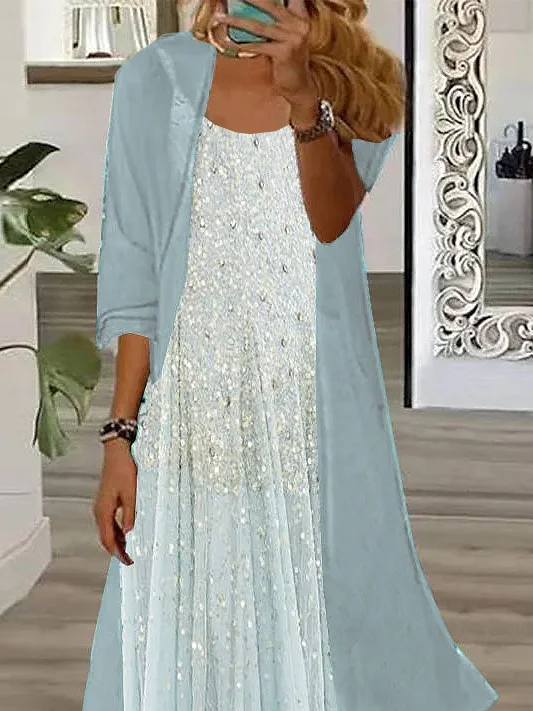 Women Polka Dots Printing Two-Piece Set Daily Three Quarter Sleeve Casual Spring/Fall Dress With Coat Matching Set