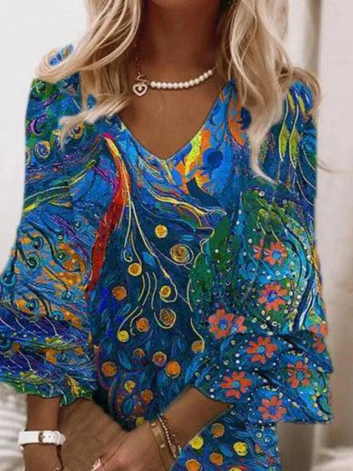 Women Floral V Neck Half Sleeve Comfy Boho Midi Dress