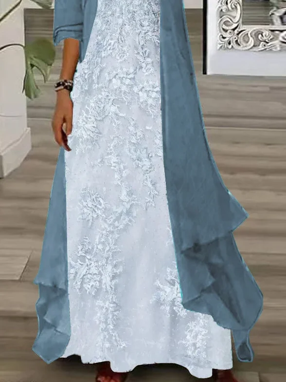 Women Floral Crew Neck Three Quarter Sleeve Comfy Casual Printing Dress With Coat Two-Piece Set