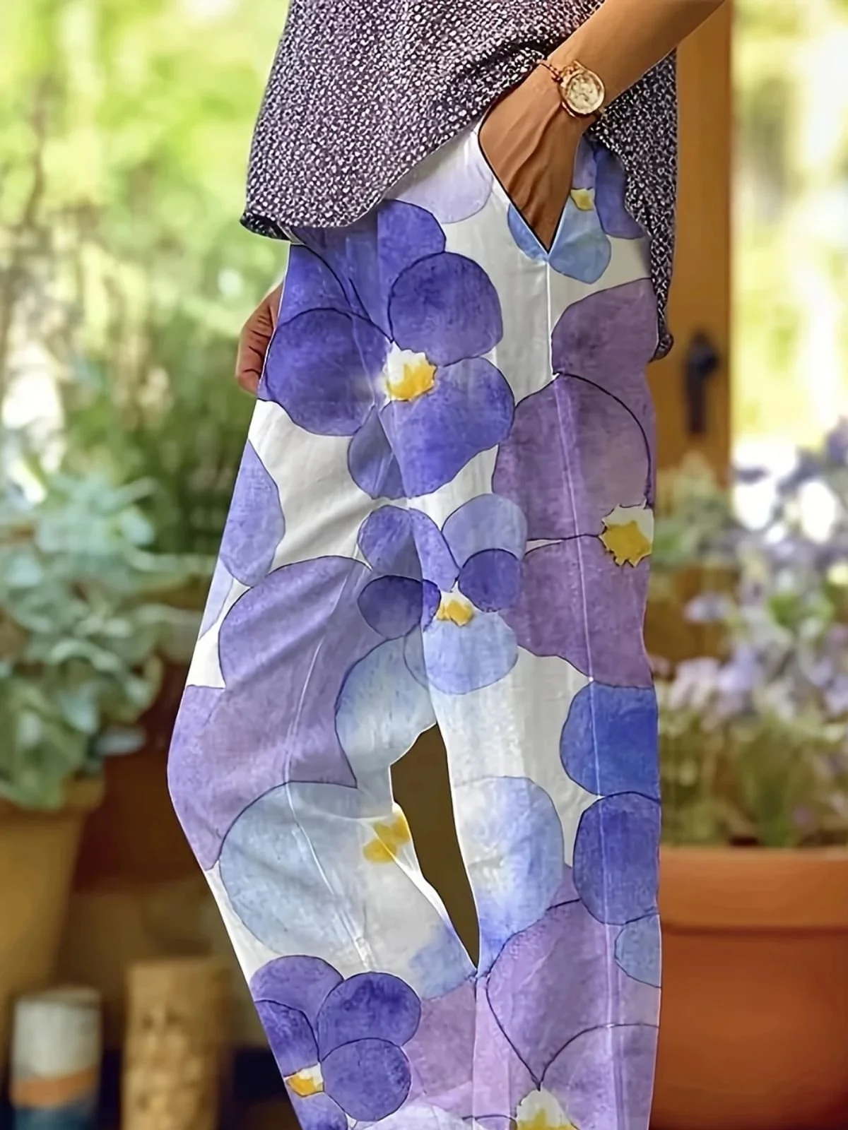 Casual Vacation Purple Floral Print Comfy Long Pants