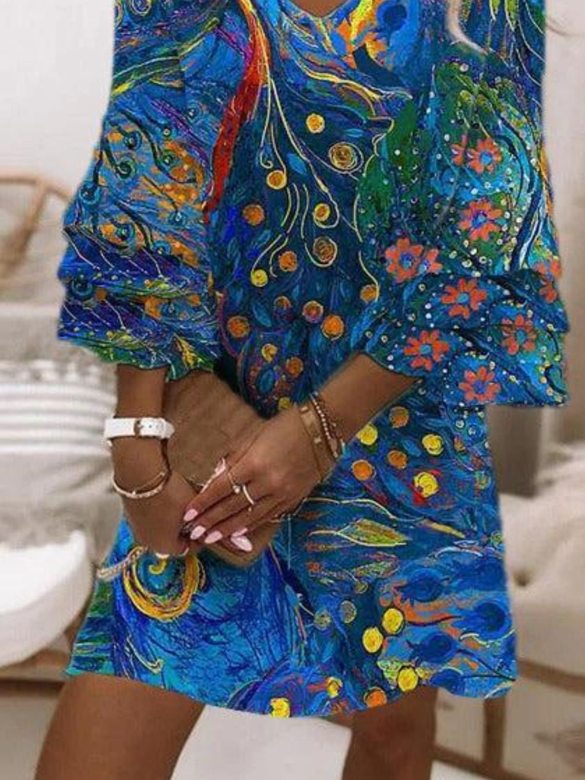 Women Floral V Neck Half Sleeve Comfy Boho Midi Dress