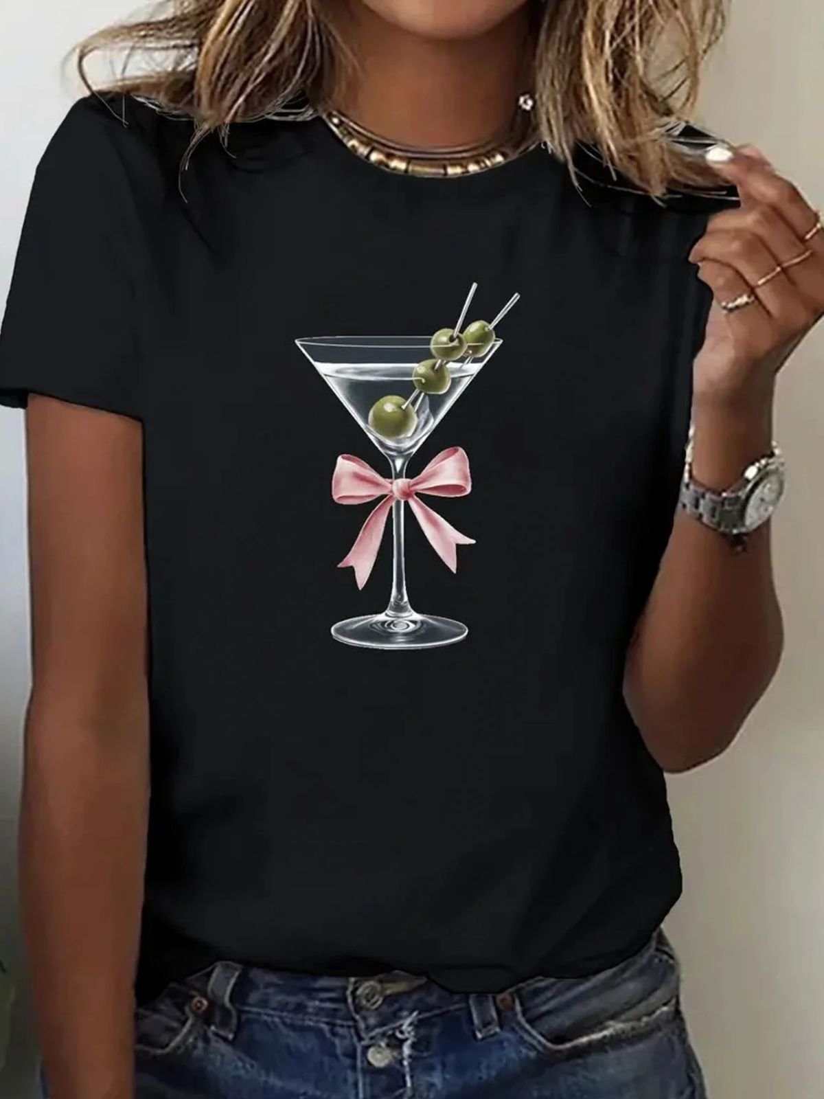 Casual Champagne Glass Pattern Crew Neck Short Sleeve T-shirt