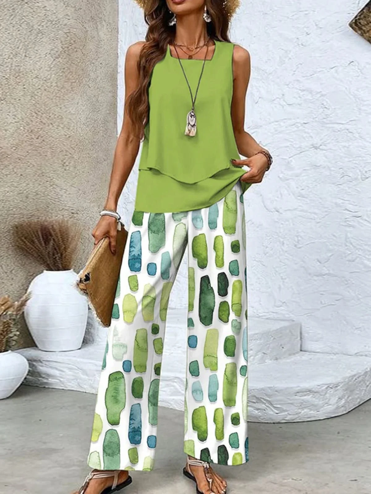 Women Ombre Crew Neck Sleeveless Comfy Casual Top With Pants Two-Piece Set