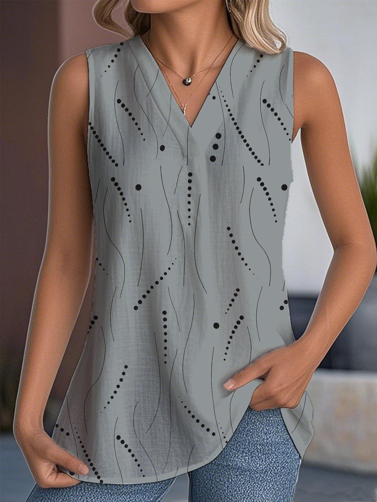 Casual V Neck Abstract Polka Dots Tank Top