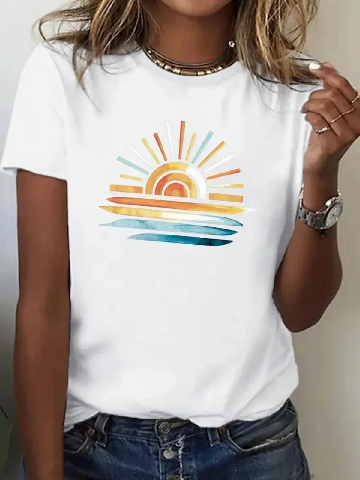 Casual Sun Print Crew Neck Short Sleeve T-shirt
