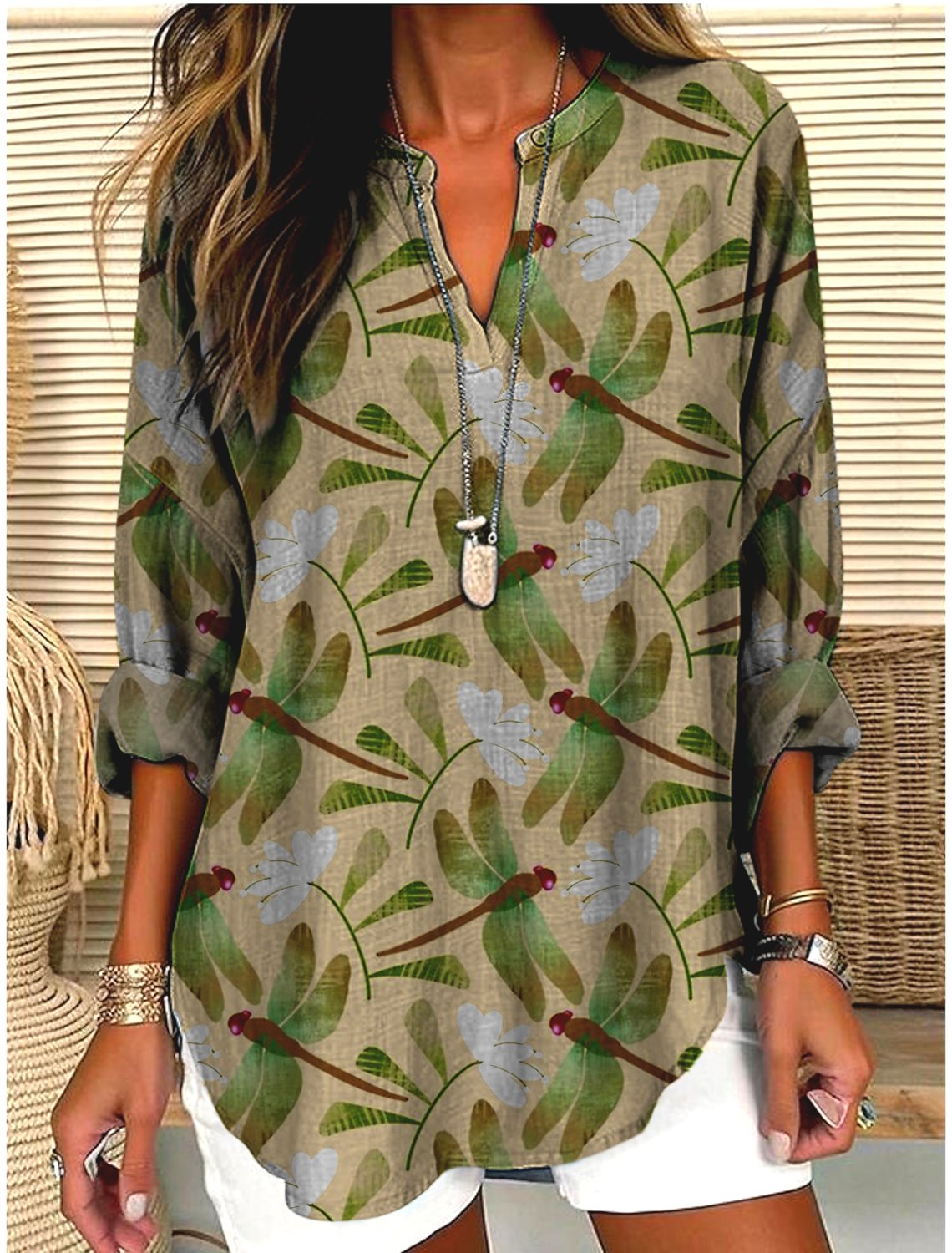 V Neck Long Sleeve Geometric Regular Micro-Elasticity Regular Fit Shirt For Women