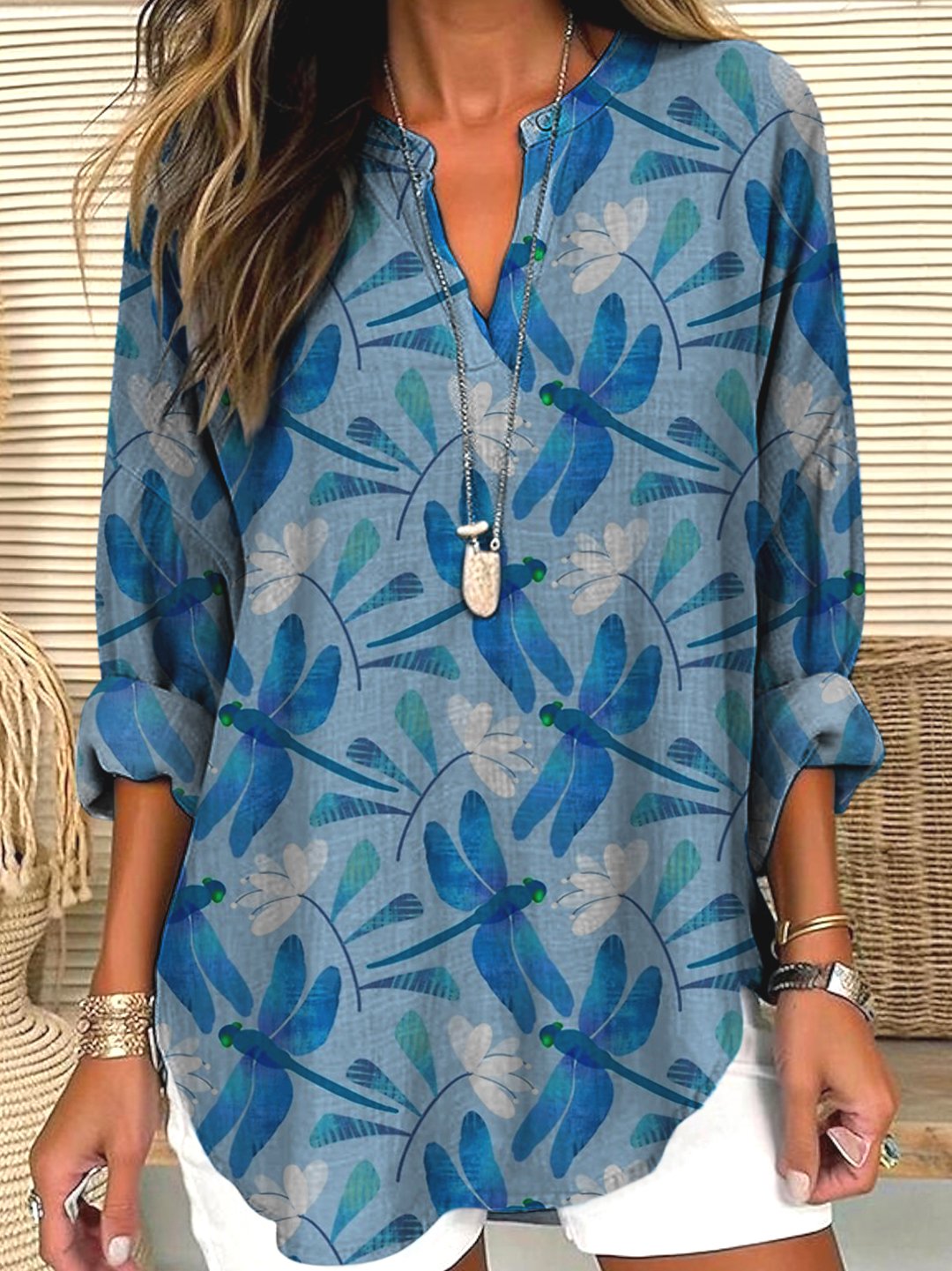 V Neck Long Sleeve Geometric Regular Micro-Elasticity Regular Fit Shirt For Women