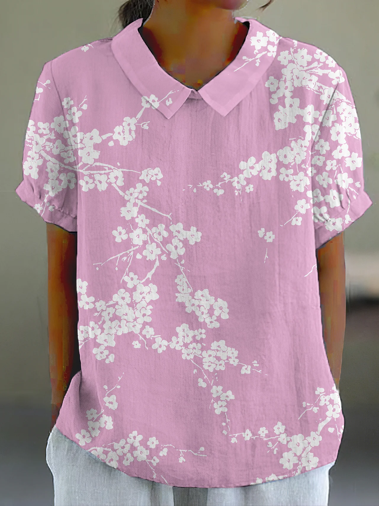 Shawl Collar Short Sleeve Floral Lightweight Loose Shirt For Women