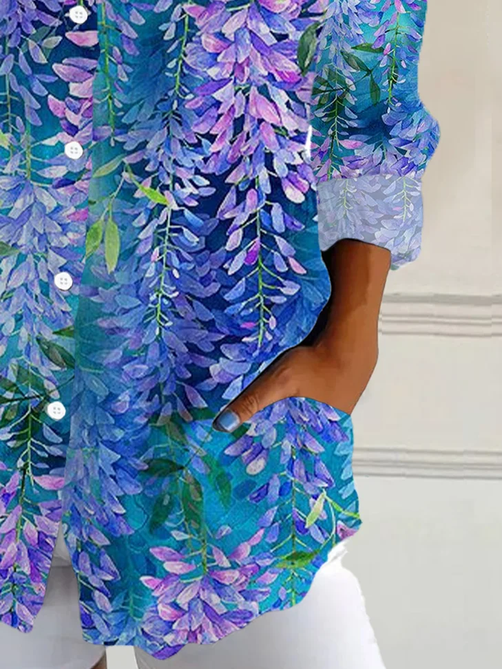 Shirt Collar Long Sleeve Floral Buckle Regular Loose Button Up Shirt Shirt For Women