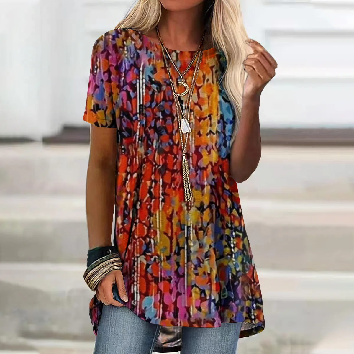 Casual Geometric Crew Neck Short Sleeve T-shirt