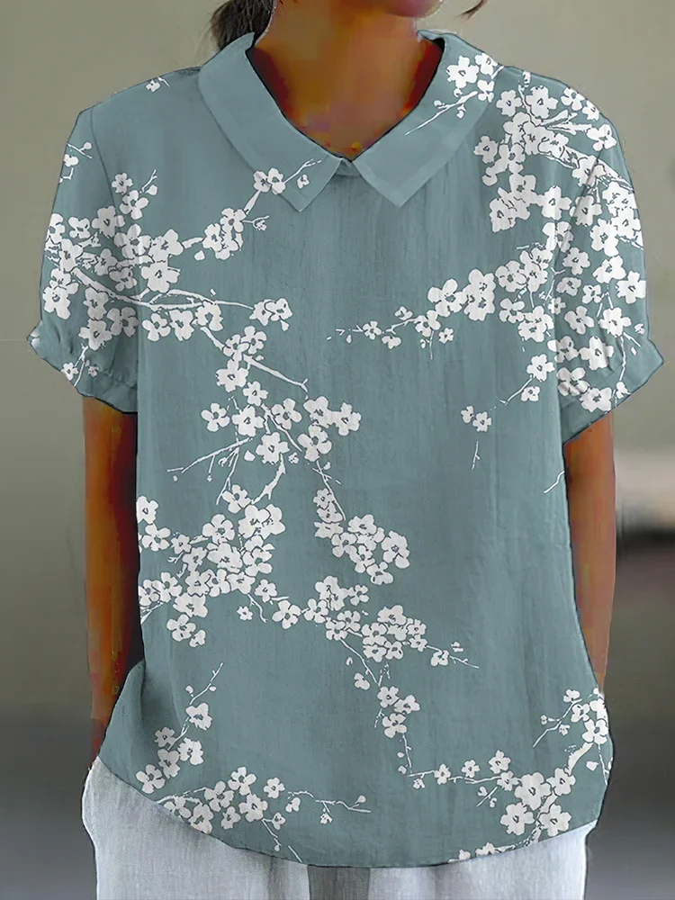 Shawl Collar Short Sleeve Floral Lightweight Loose Shirt For Women