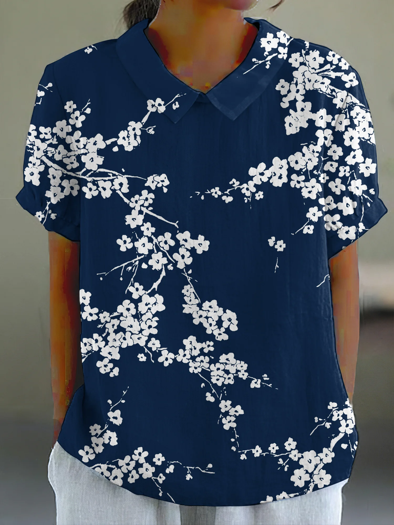 Shawl Collar Short Sleeve Floral Lightweight Loose Shirt For Women