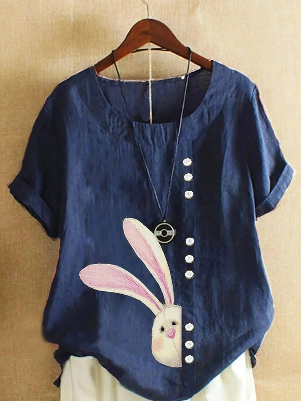 Crew Neck Half Sleeve Easter (rabbit) Regular Regular Fit Blouse For Women