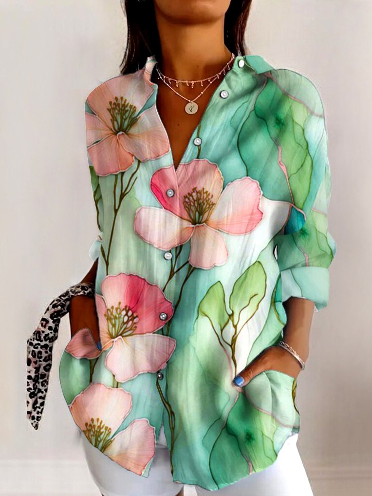 Shirt Collar Long Sleeve Geometric Regular Micro-Elasticity Regular Fit Shirt For Women