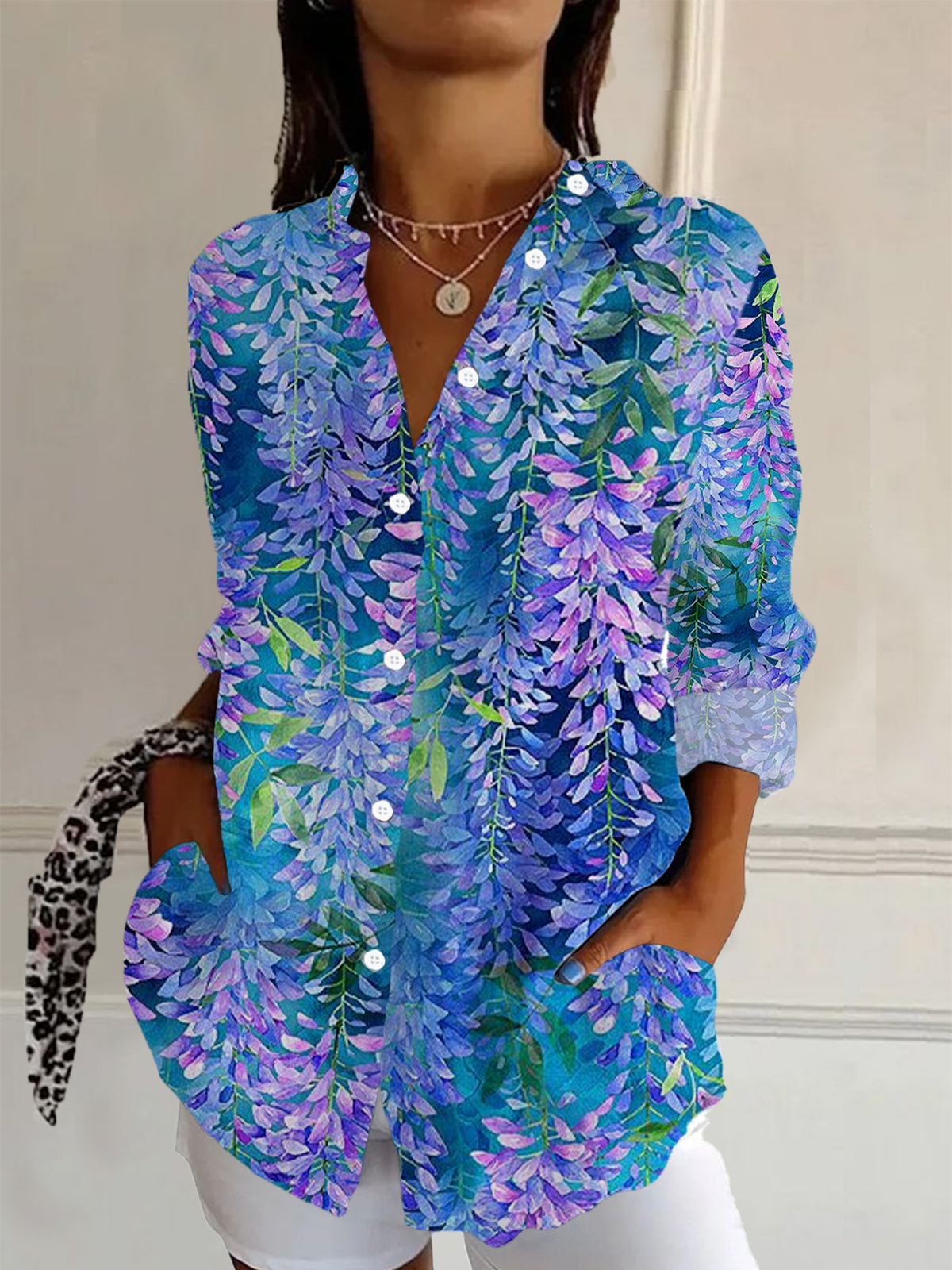 Shirt Collar Long Sleeve Floral Buckle Regular Loose Button Up Shirt Shirt For Women