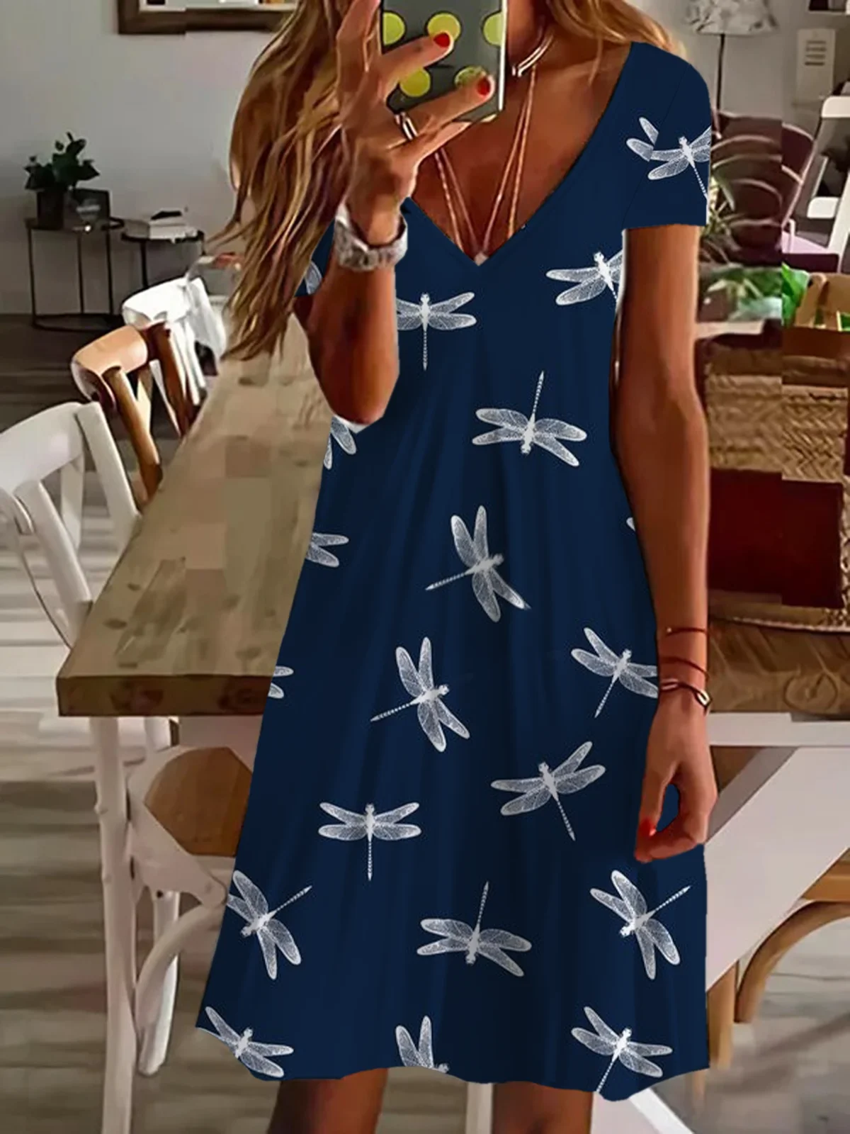 Women Dragonfly Summer Printing Dress V Neck Short Sleeve Fit & Flare Dress A-Line Dress