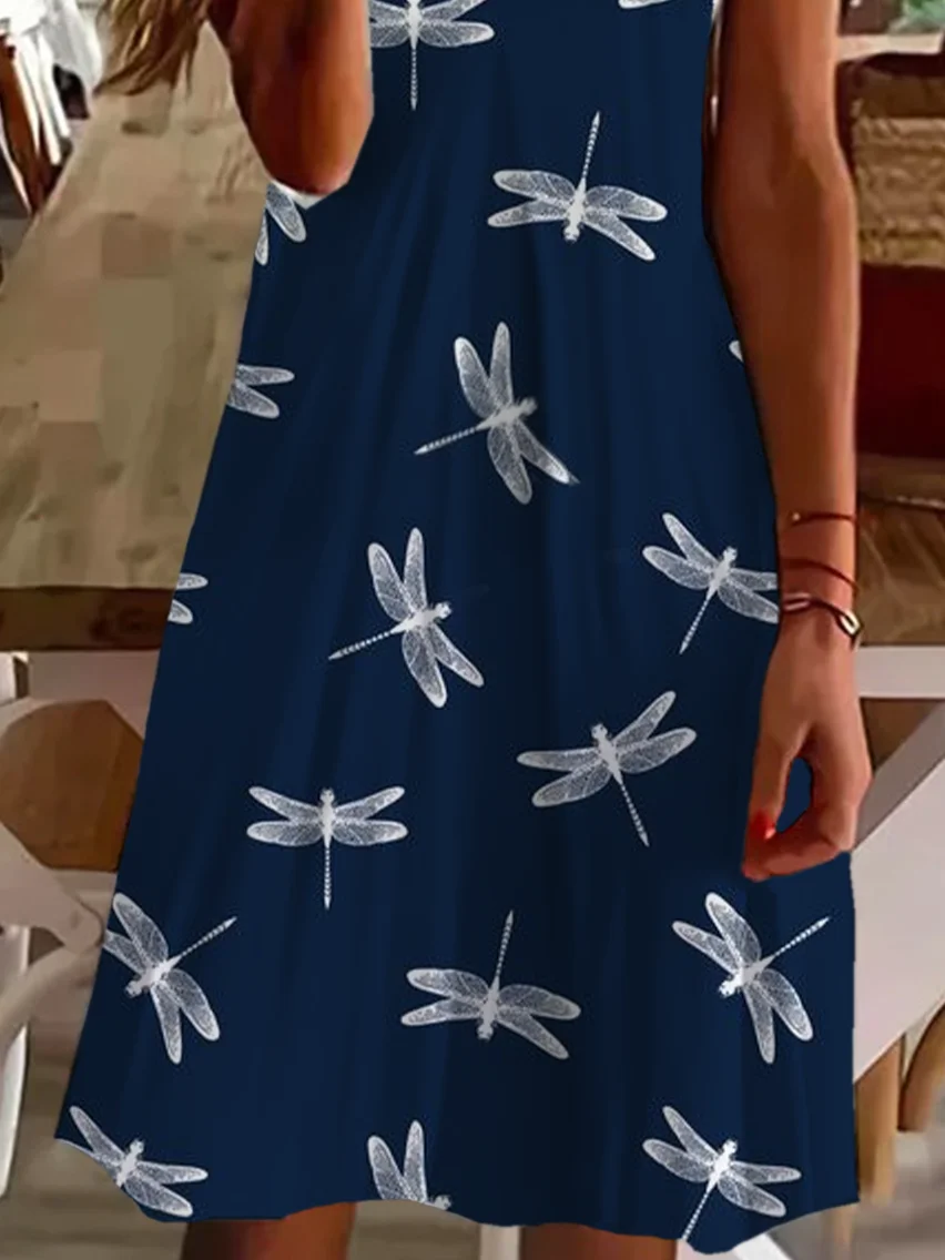 Women Dragonfly Summer Printing Dress V Neck Short Sleeve Fit & Flare Dress A-Line Dress