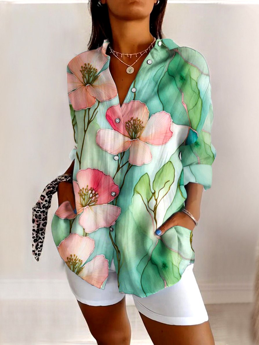 Shirt Collar Long Sleeve Geometric Regular Micro-Elasticity Regular Fit Shirt For Women