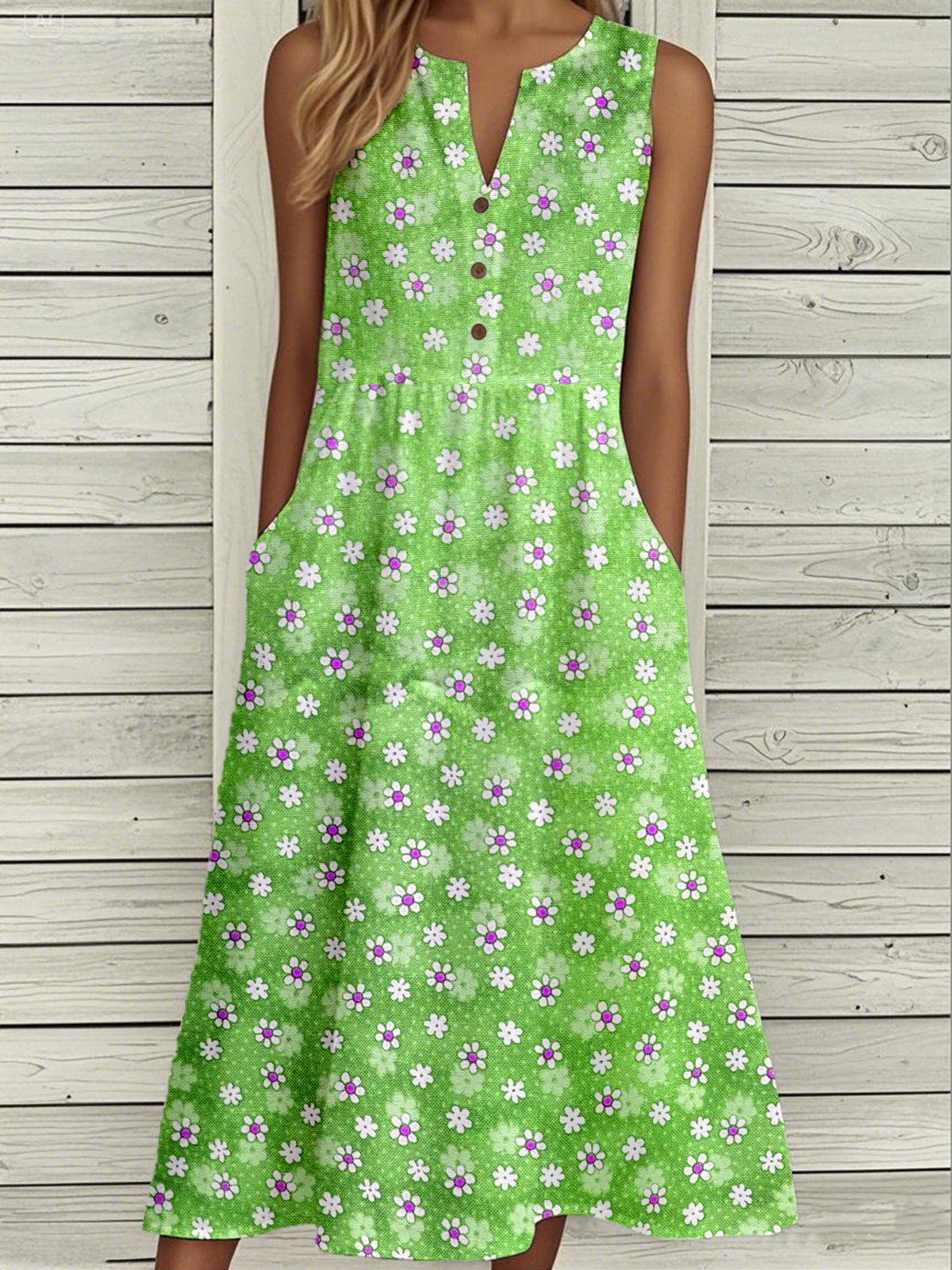 Women Floral Summer Buckle Dress Notched Sleeveless Tank A-Line Dress
