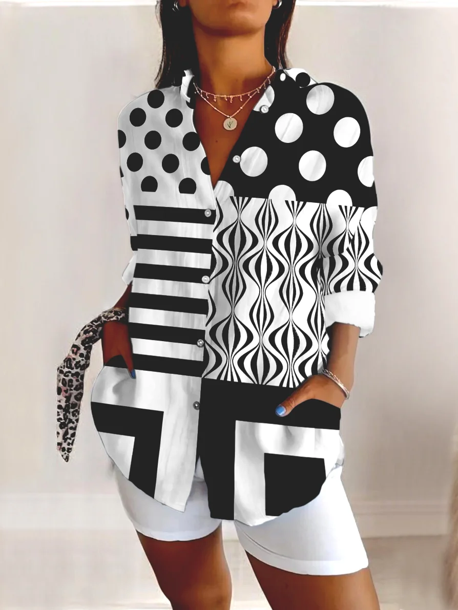 Shirt Collar Long Sleeve Geometric Regular Micro-Elasticity Regular Fit Shirt For Women