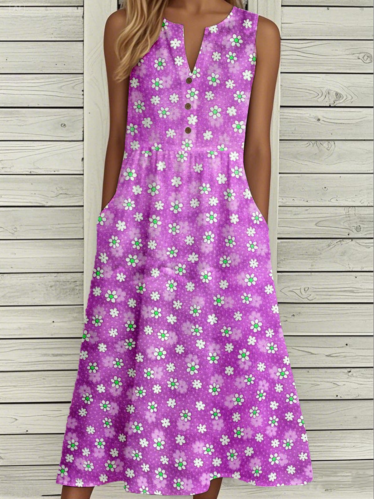 Women Floral Summer Buckle Dress Notched Sleeveless Tank A-Line Dress