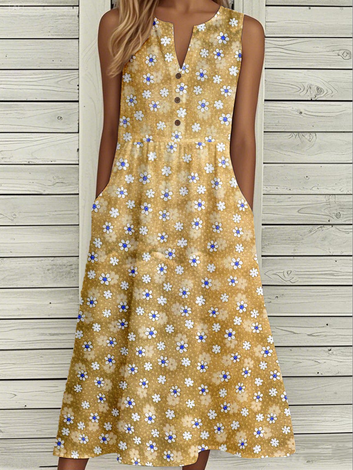 Women Floral Summer Buckle Dress Notched Sleeveless Tank A-Line Dress