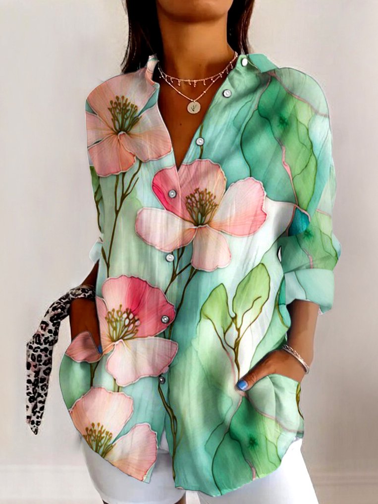 Shirt Collar Long Sleeve Geometric Regular Micro-Elasticity Regular Fit Shirt For Women