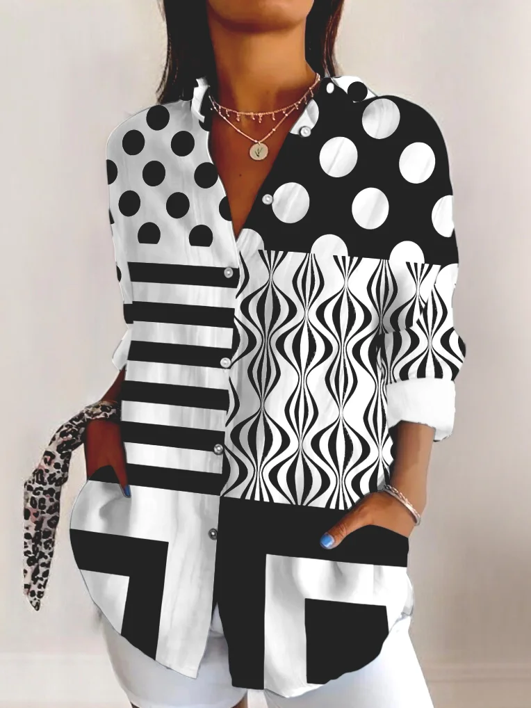 Shirt Collar Long Sleeve Geometric Regular Micro-Elasticity Regular Fit Shirt For Women