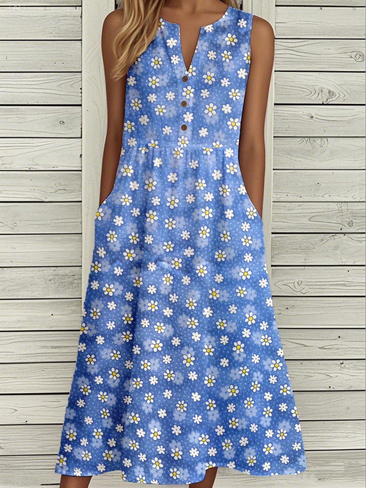 Women Floral Summer Buckle Dress Notched Sleeveless Tank A-Line Dress