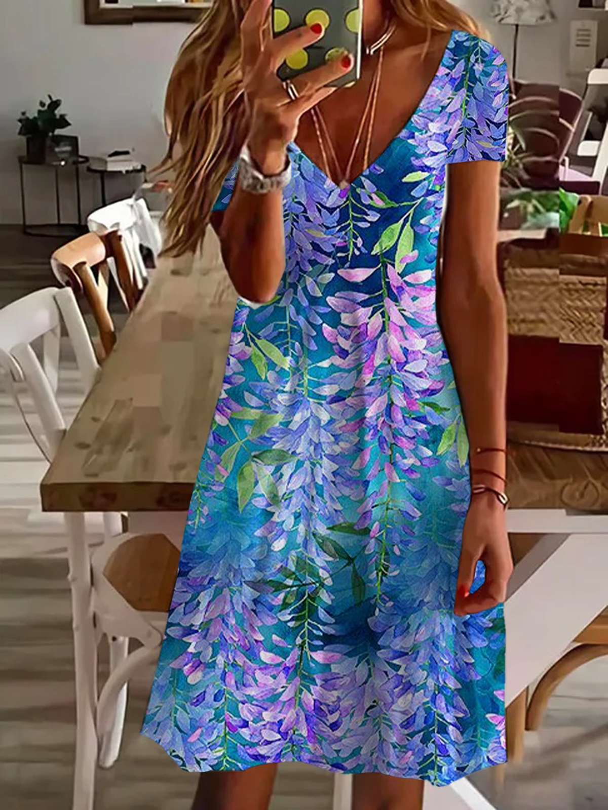 Women Floral V Neck Short Sleeve Comfy Casual Midi Dress