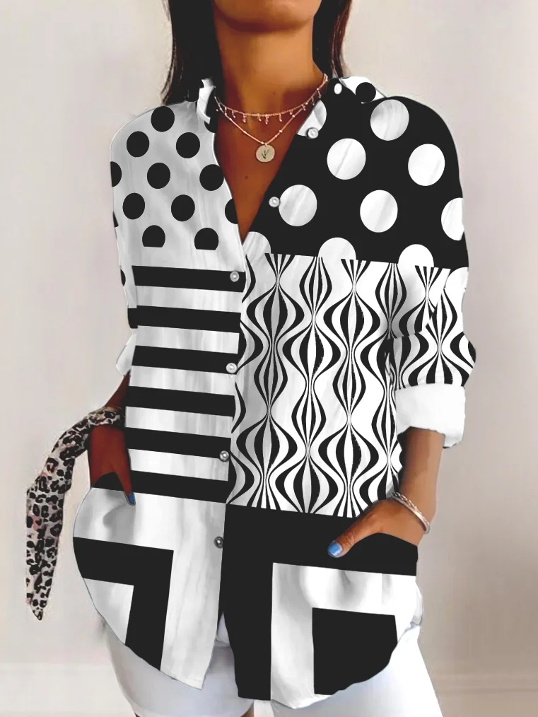 Shirt Collar Long Sleeve Geometric Regular Micro-Elasticity Regular Fit Shirt For Women