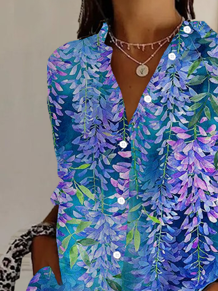 Shirt Collar Long Sleeve Floral Buckle Regular Loose Button Up Shirt Shirt For Women