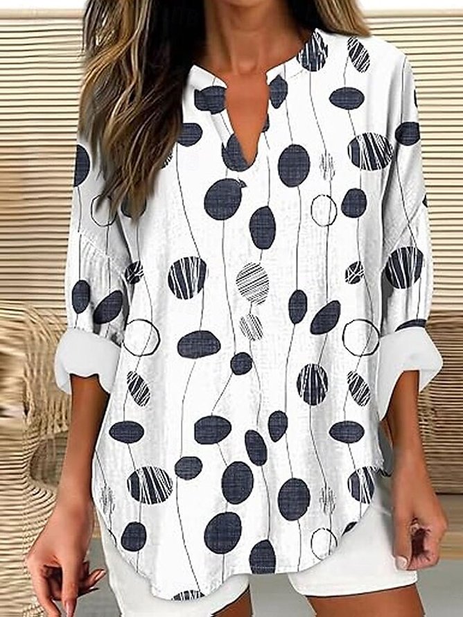 V Neck Long Sleeve Abstract Polka Dots Printing Regular Loose Blouse For Women